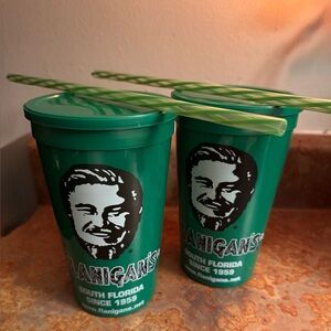Set Of 2 Flanigan’s South Florida Bar Restaurant Collectible Cups New Straws